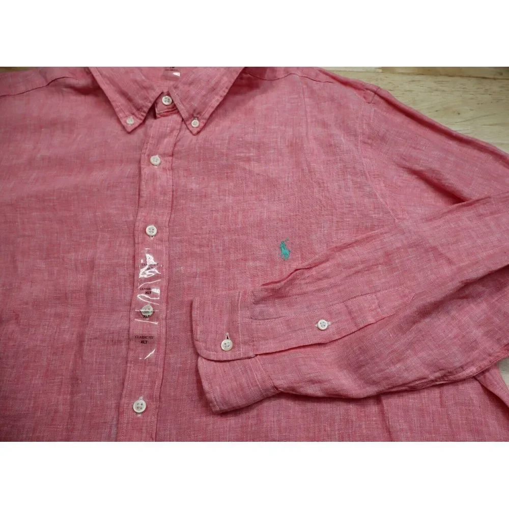 Polo Ralph Lauren Classic Button Front Dress Shirt Size XLT Linen New Pink Green